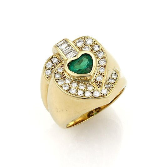 Diamond & Emerald 18k Yellow Gold Heart Ring - Size 7