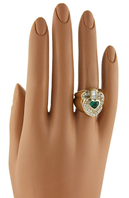 Diamond & Emerald 18k Yellow Gold Heart Ring - Size 7