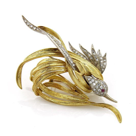 Garavelli Aldo 18k Two Tone Gold Diamond & Ruby Bird Brooch Pin Pendant