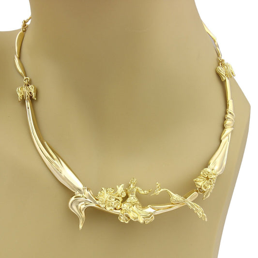 Woman & Peacock 14k Gold Link Collar Necklace