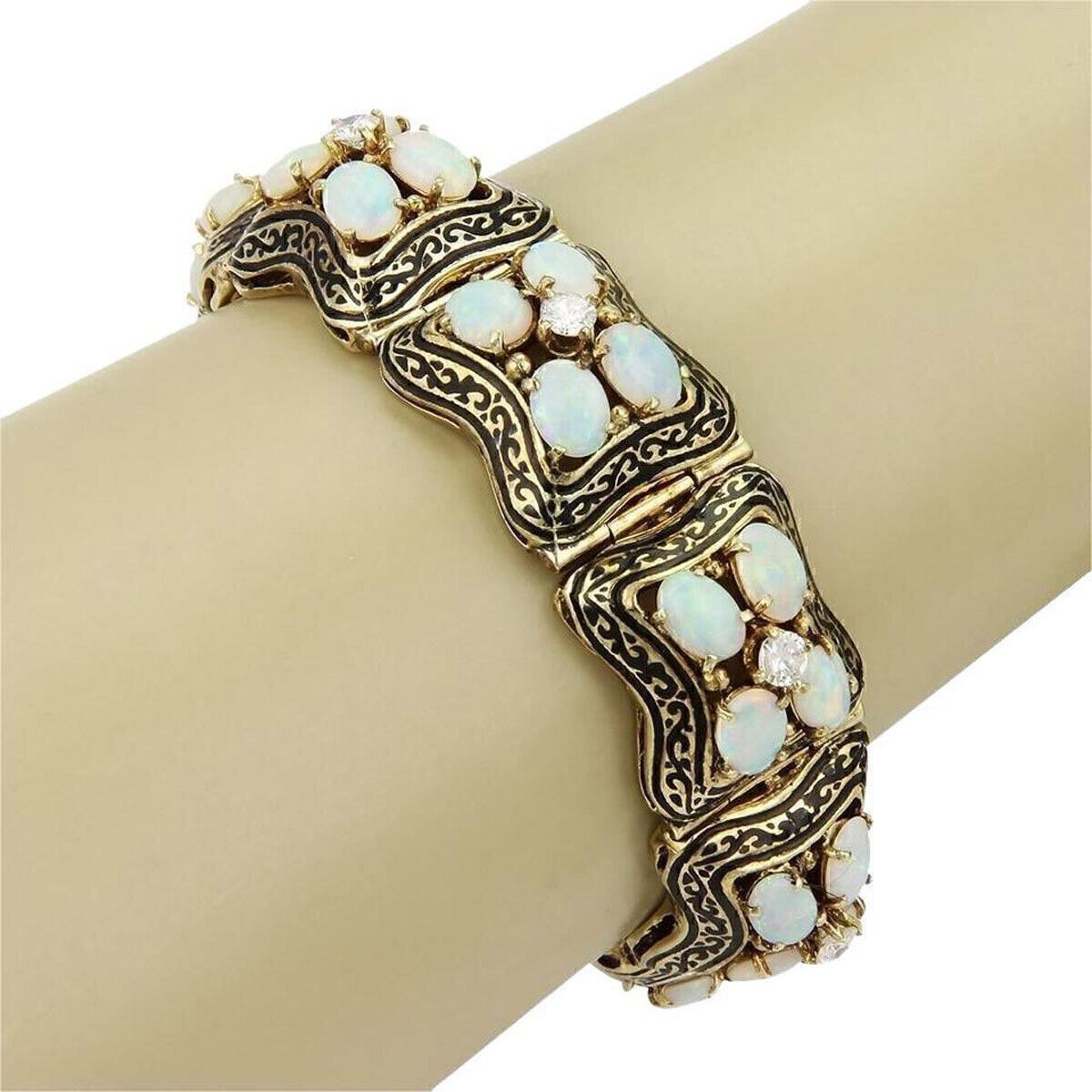 Opal Diamonds & Black Enamel 14K Yellow Gold Bracelet