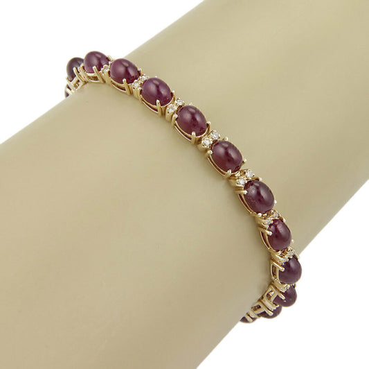 Rubies cabochon & Diamond Tennis 14k Yellow Gold Bracelet Cabochon