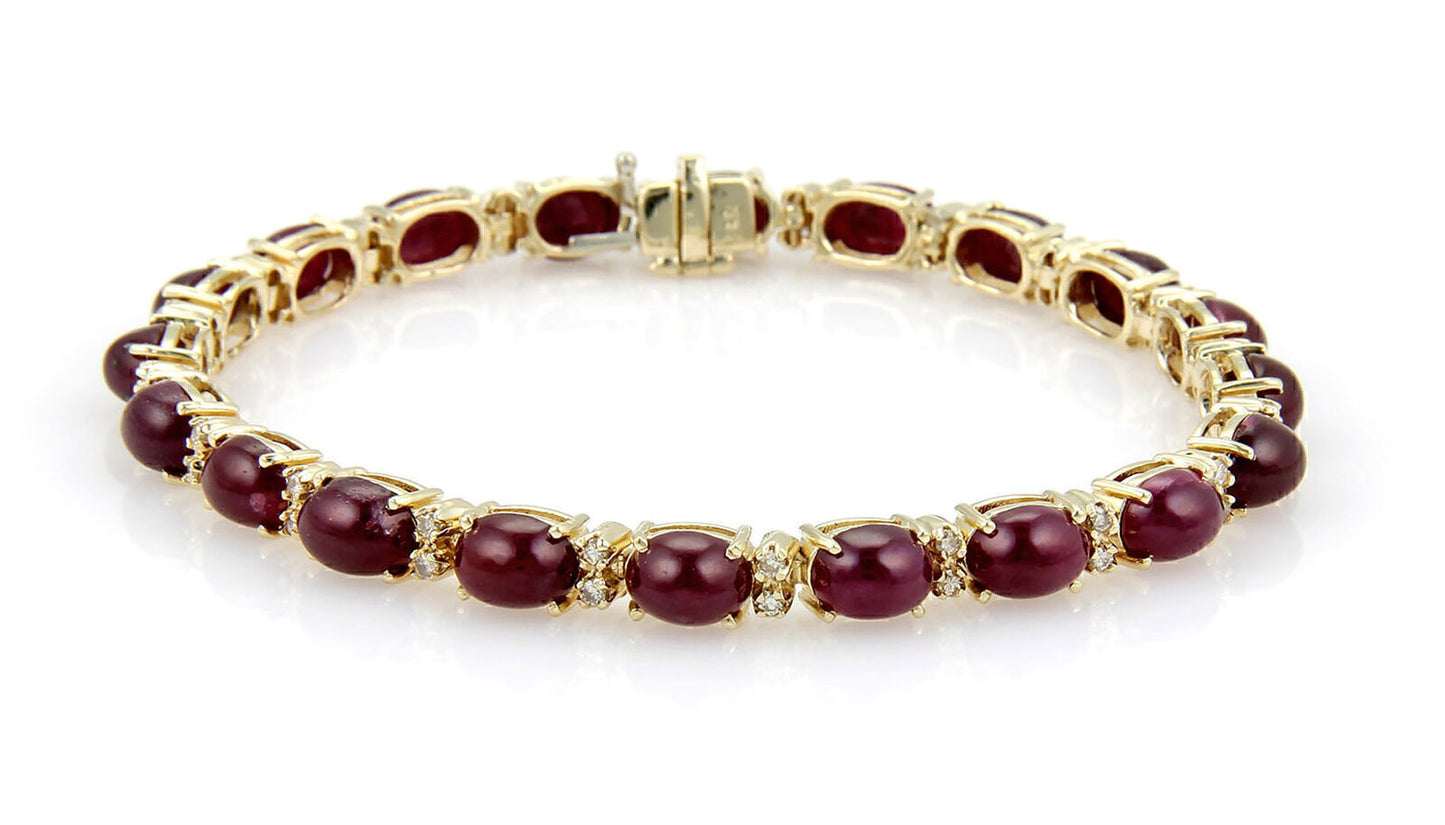 Rubies cabochon & Diamond Tennis 14k Yellow Gold Bracelet Cabochon