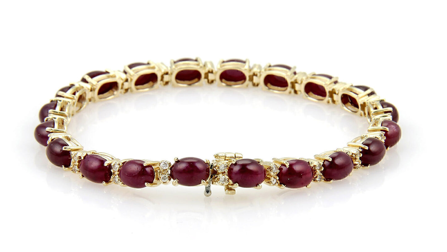 Rubies cabochon & Diamond Tennis 14k Yellow Gold Bracelet Cabochon