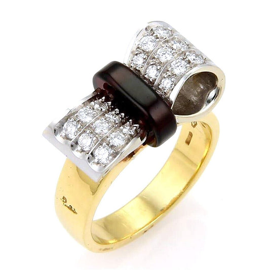 Pomellato Diamond & Garnet 18k Two Tone Gold Bow Top Ring - Size 6