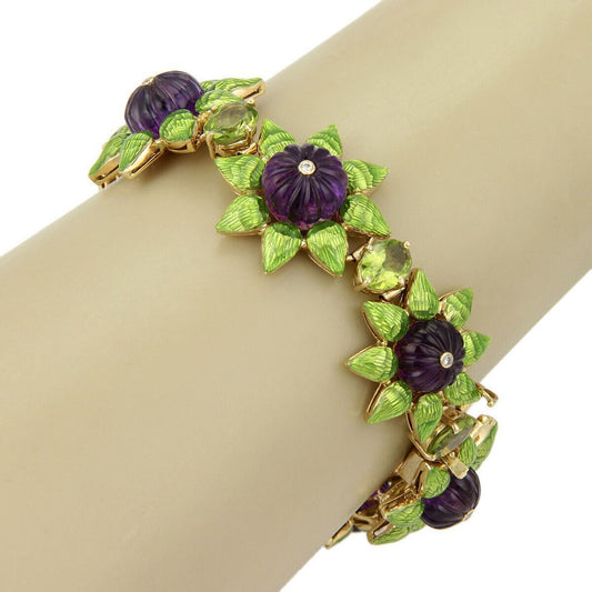 Diamond Amethyst Peridot & Green Enamel 18k Yellow Gold Floral Link Bracelet