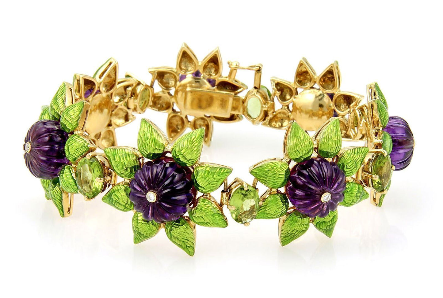 Diamond Amethyst Peridot & Green Enamel 18k Yellow Gold Floral Link Bracelet