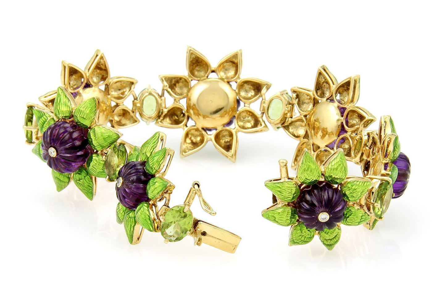 Diamond Amethyst Peridot & Green Enamel 18k Yellow Gold Floral Link Bracelet