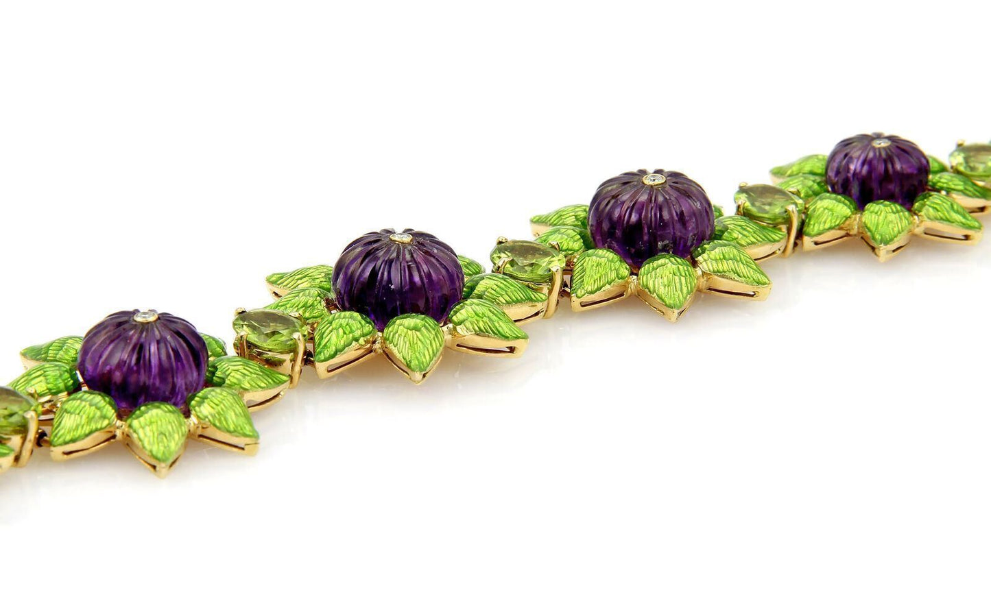 Diamond Amethyst Peridot & Green Enamel 18k Yellow Gold Floral Link Bracelet