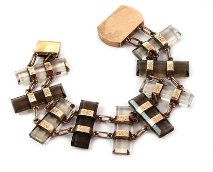 Smoky & Clear Quartz 9k Rose Yellow Gold Fancy Bar Link Bracelet