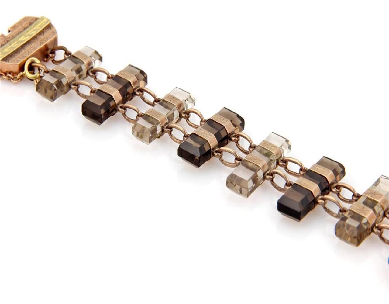 Smoky & Clear Quartz 9k Rose Yellow Gold Fancy Bar Link Bracelet