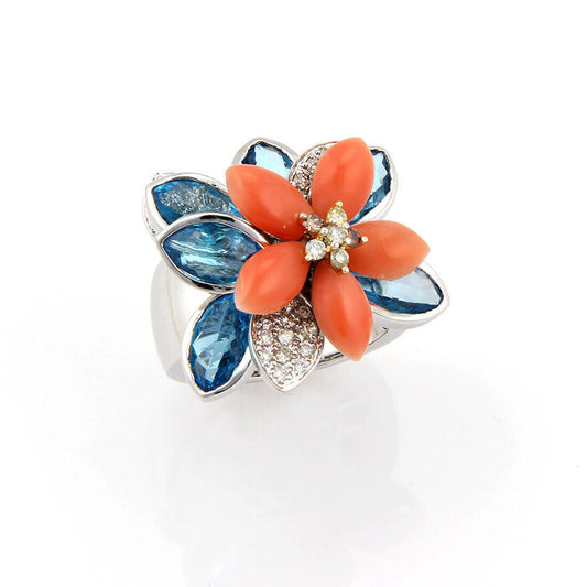 Coral Topaz & Diamond Movable Floral 18k White Gold Ring - Size 6