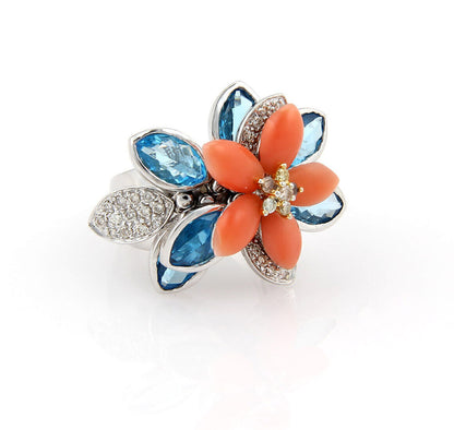 Coral Topaz & Diamond Movable Floral 18k White Gold Ring - Size 6