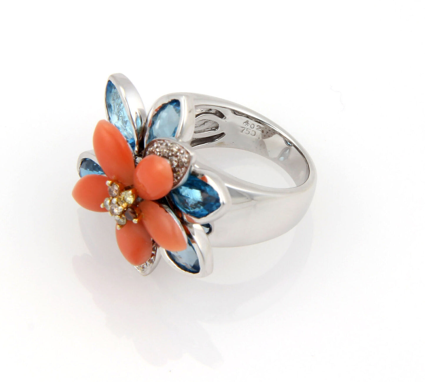 Coral Topaz & Diamond Movable Floral 18k White Gold Ring - Size 6