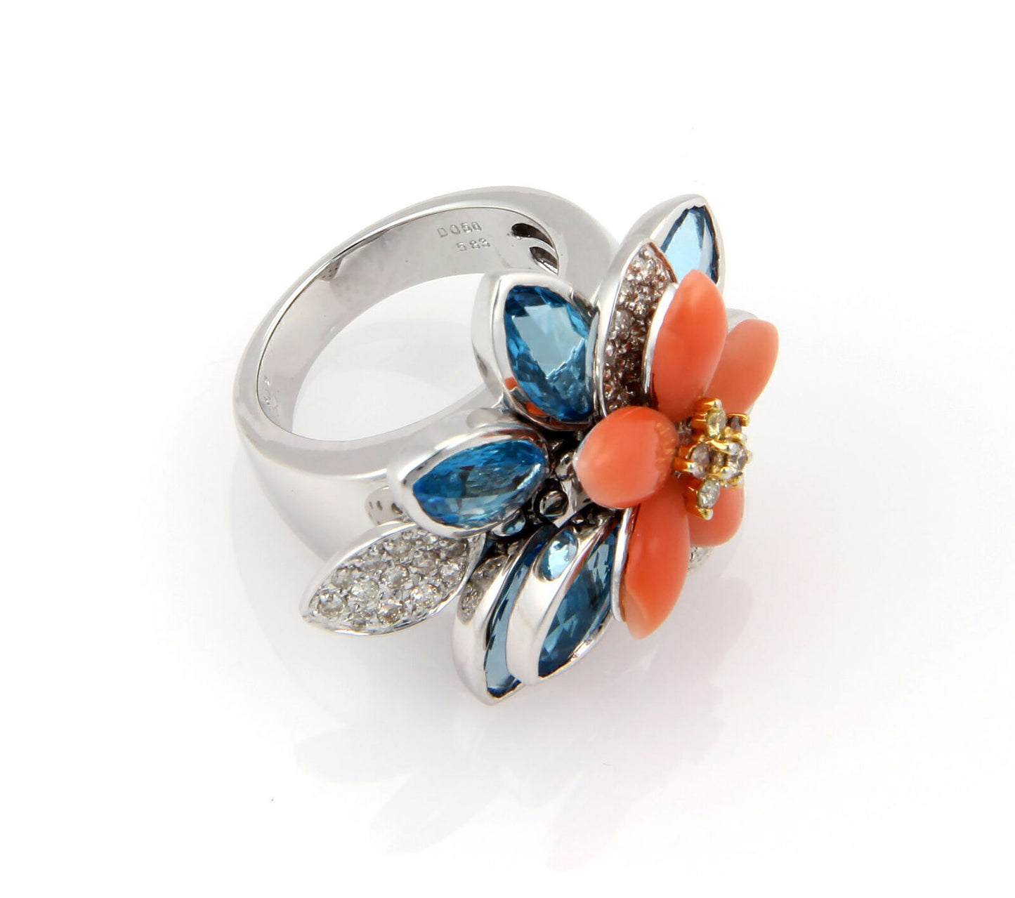 Coral Topaz & Diamond Movable Floral 18k White Gold Ring - Size 6