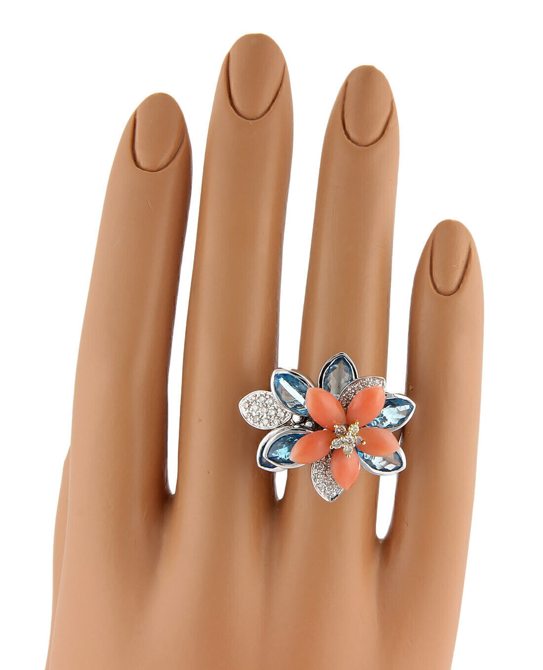 Coral Topaz & Diamond Movable Floral 18k White Gold Ring - Size 6