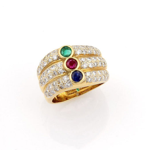 Diamond & Multi-Color Gems 18k Yellow Gold 3 Row Stack Ring - Size 5