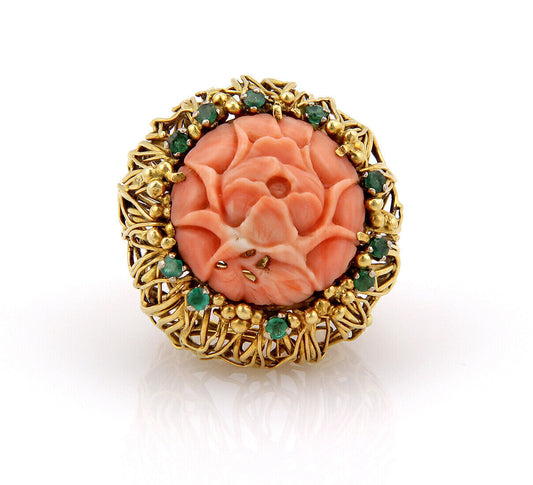 J. Auen 14k Yellow Gold Coral & Emerald Large Flower Ring - Size 6