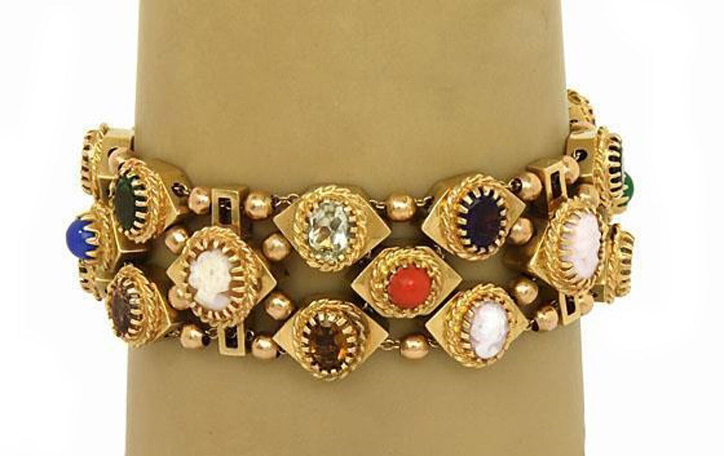 Multi-Color Gems & Shell Cameo 14k Gold Charm Slide Bracelet