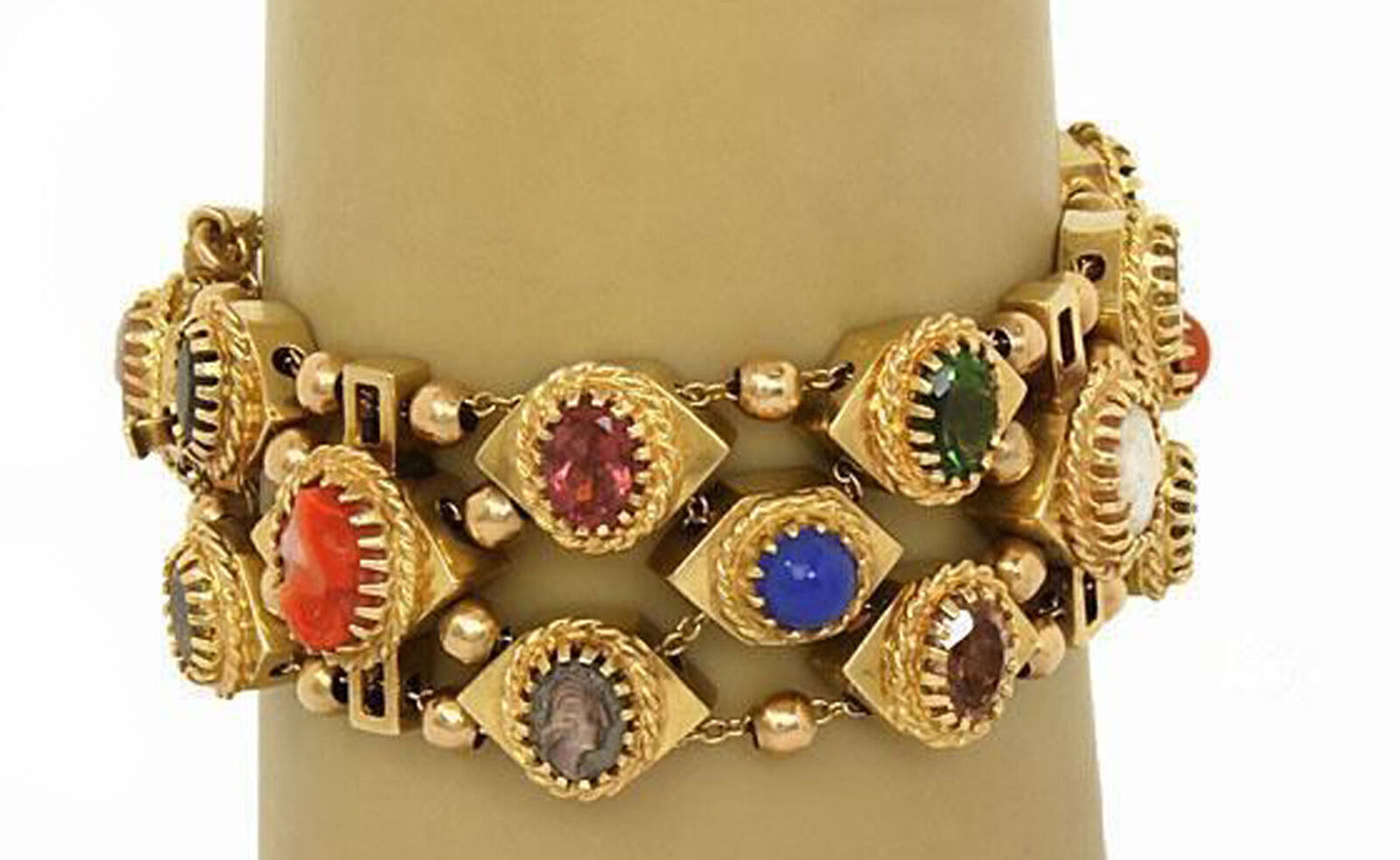 Multi-Color Gems & Shell Cameo 14k Gold Charm Slide Bracelet