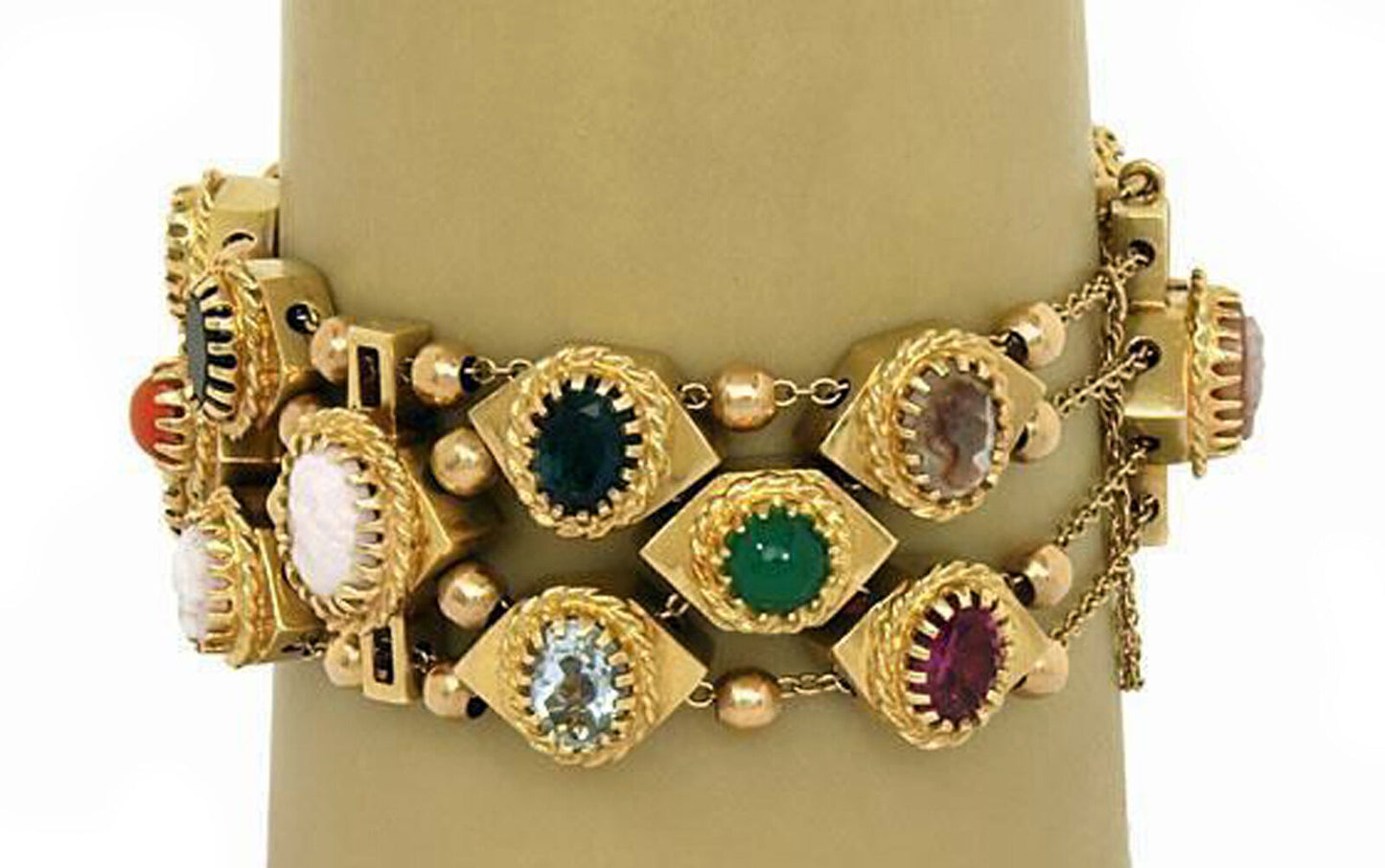 Multi-Color Gems & Shell Cameo 14k Gold Charm Slide Bracelet