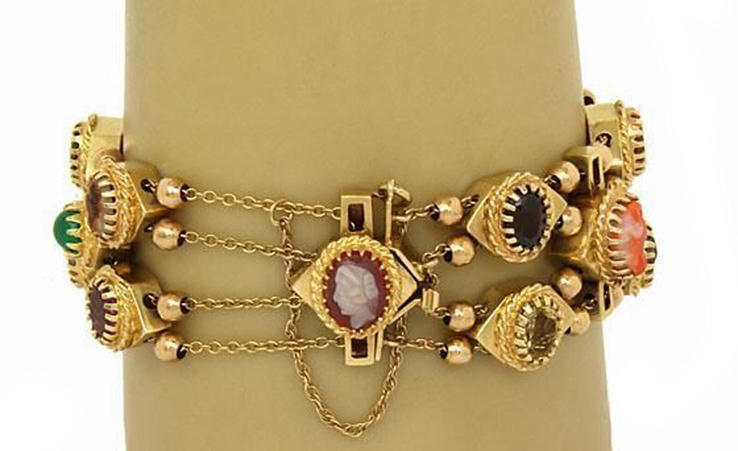 Multi-Color Gems & Shell Cameo 14k Gold Charm Slide Bracelet