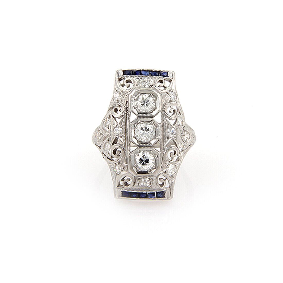 Diamond & Sapphire Platinum Long Milgrain Open Filigree Ring - Size 5