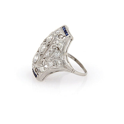 Diamond & Sapphire Platinum Long Milgrain Open Filigree Ring - Size 5