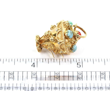 Turquoise & Coral 18k Gold Etruscan Design Champion Cup Charm Pendant