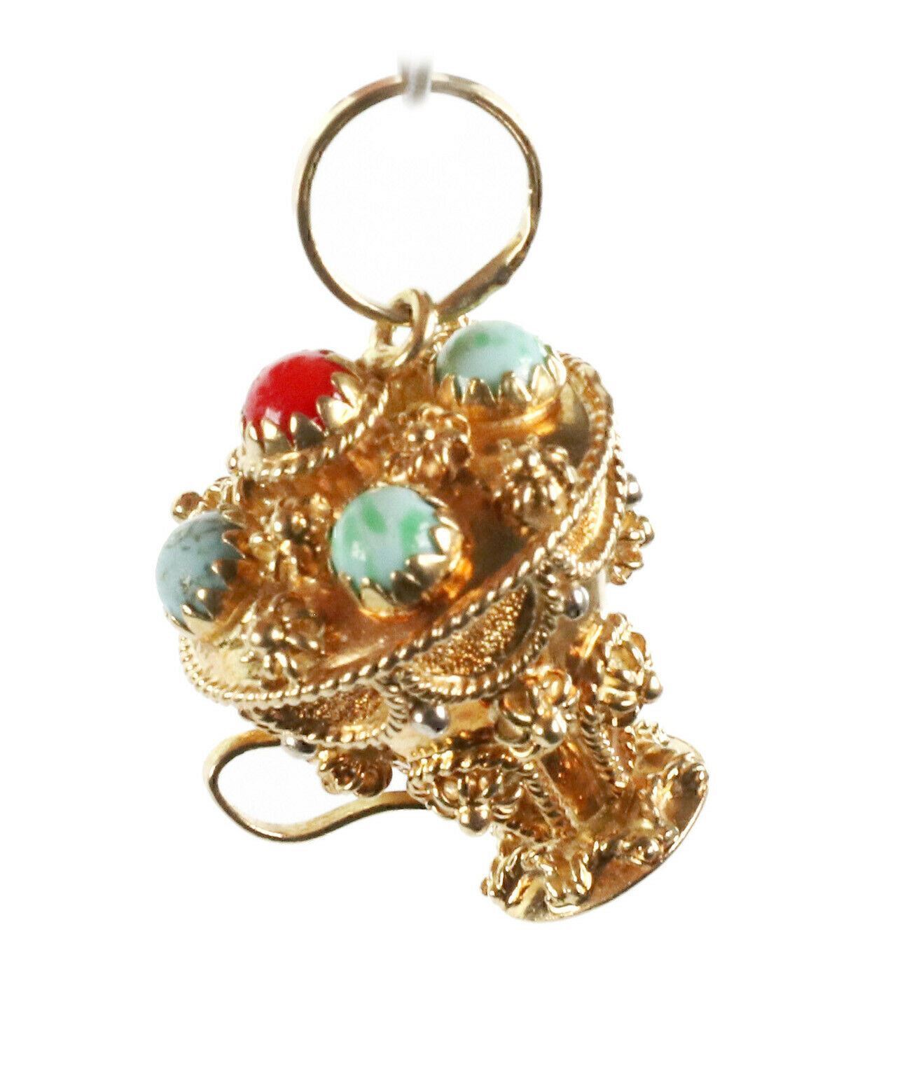 Turquoise & Coral 18k Gold Etruscan Design Champion Cup Charm Pendant