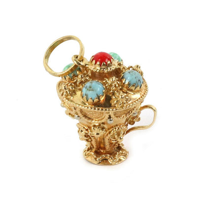 Turquoise & Coral 18k Gold Etruscan Design Champion Cup Charm Pendant