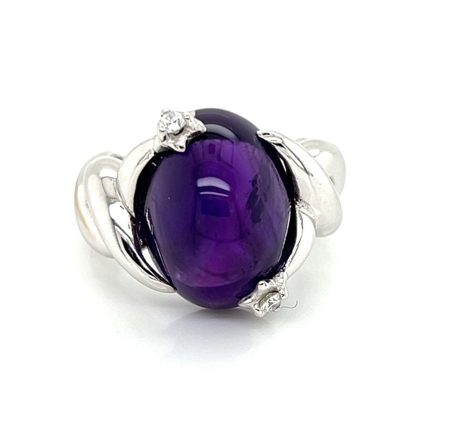 Chanel Cabochon Amethyst Diamond 18k White Gold Ring - Size 6