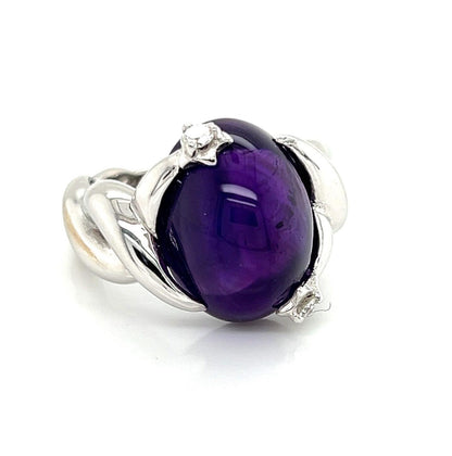 Chanel Cabochon Amethyst Diamond 18k White Gold Ring - Size 6