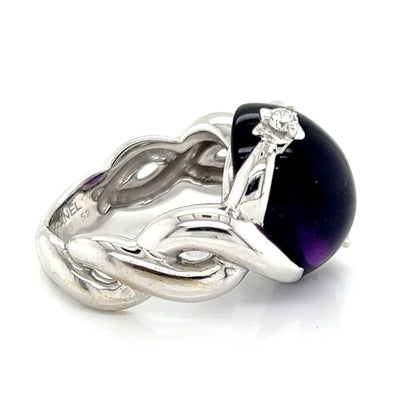 Chanel Cabochon Amethyst Diamond 18k White Gold Ring - Size 6