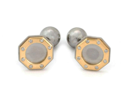 Cartier Santos 18k Gold Steel Octagon Shape Screw Motifs Ball Stud Cufflinks