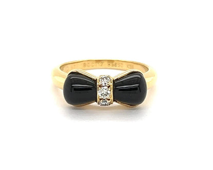 Van Cleef & Arpels Diamond Onyx 18k Yellow Gold Bow Ring - Size 6