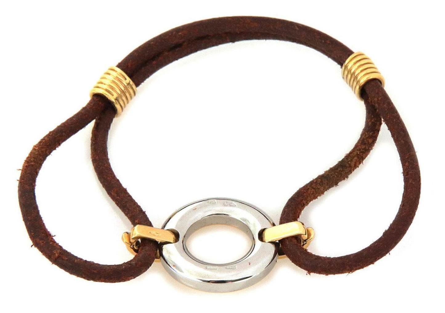 Bvlgari 18k Yellow Gold & Stainless Steel Round Ring Leather Bracelet