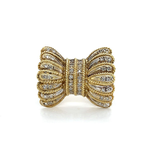 Diamond Fancy Frilled 14k Two Tone Gold Bow Ring - Size 8