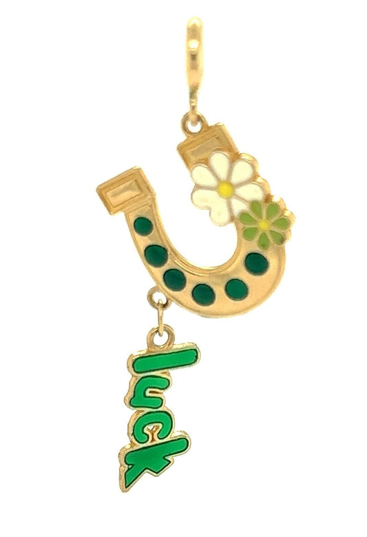 Green Enamel Horse Shoe 14k Yellow Gold Lucky Charm Pendant