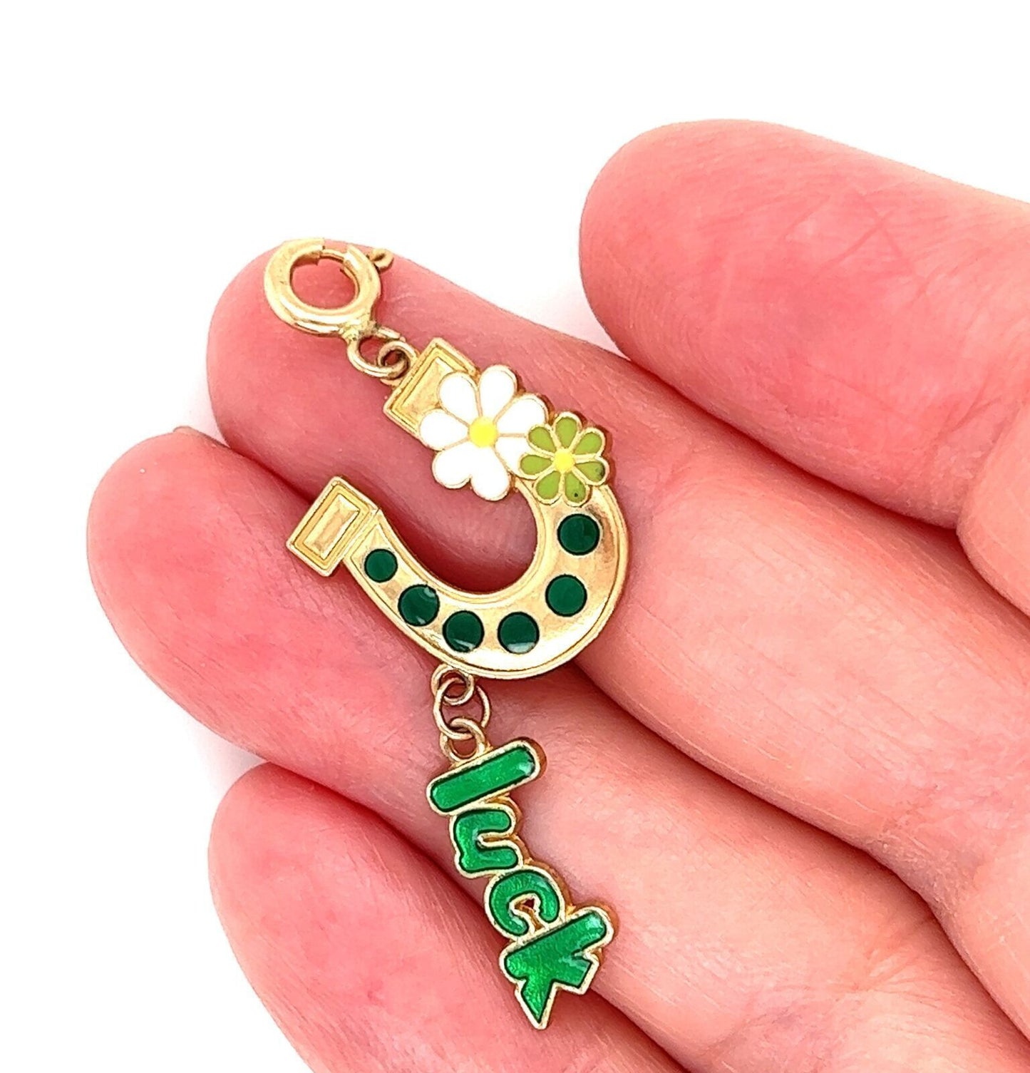 Green Enamel Horse Shoe 14k Yellow Gold Lucky Charm Pendant