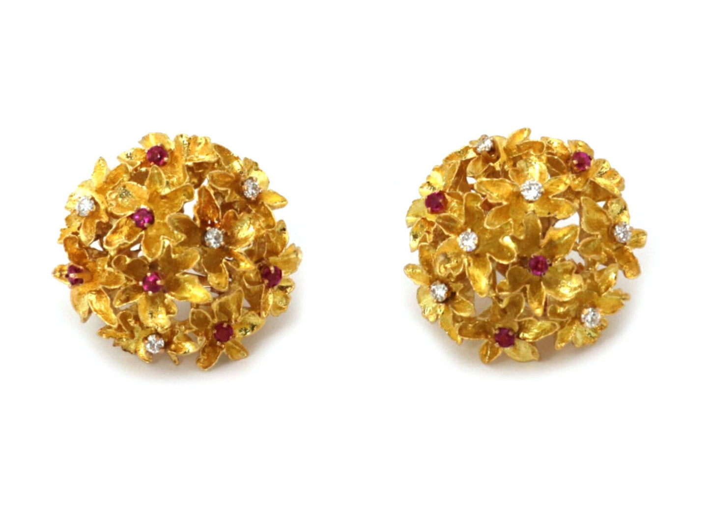 Ruby & Diamond 18k & 14K Gold Cluster Flower Post Clip Earrings