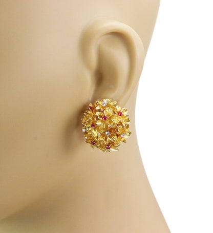 Ruby & Diamond 18k & 14K Gold Cluster Flower Post Clip Earrings