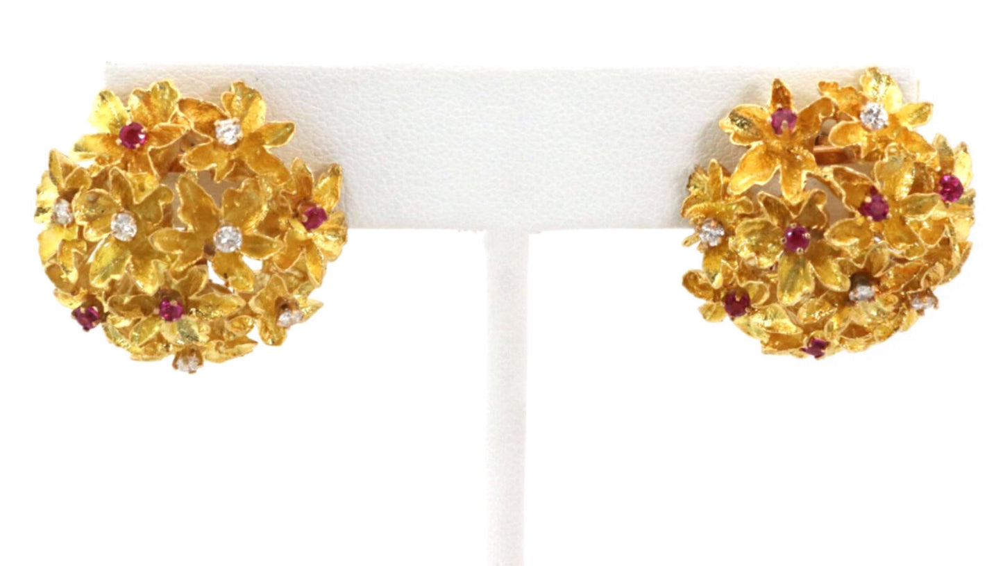 Ruby & Diamond 18k & 14K Gold Cluster Flower Post Clip Earrings