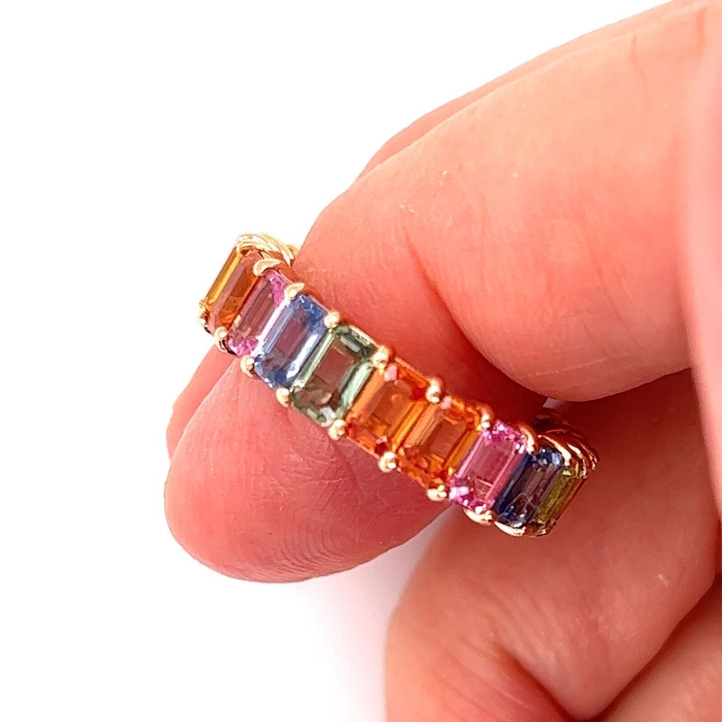 Full Circle Emerald Cut Multi-Color Sapphire 18k Rose Gold Band Ring - Size 6.5