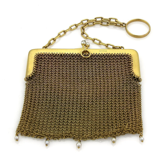 Victorian 9k Yellow Gold Pearls Mesh Purse Bag