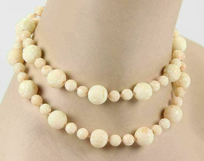 Angel Skin Carved Coral Beaded Long Necklace With 14k Gold Clasp