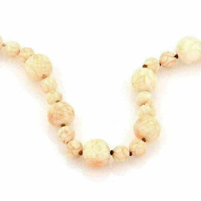 Angel Skin Carved Coral Beaded Long Necklace With 14k Gold Clasp