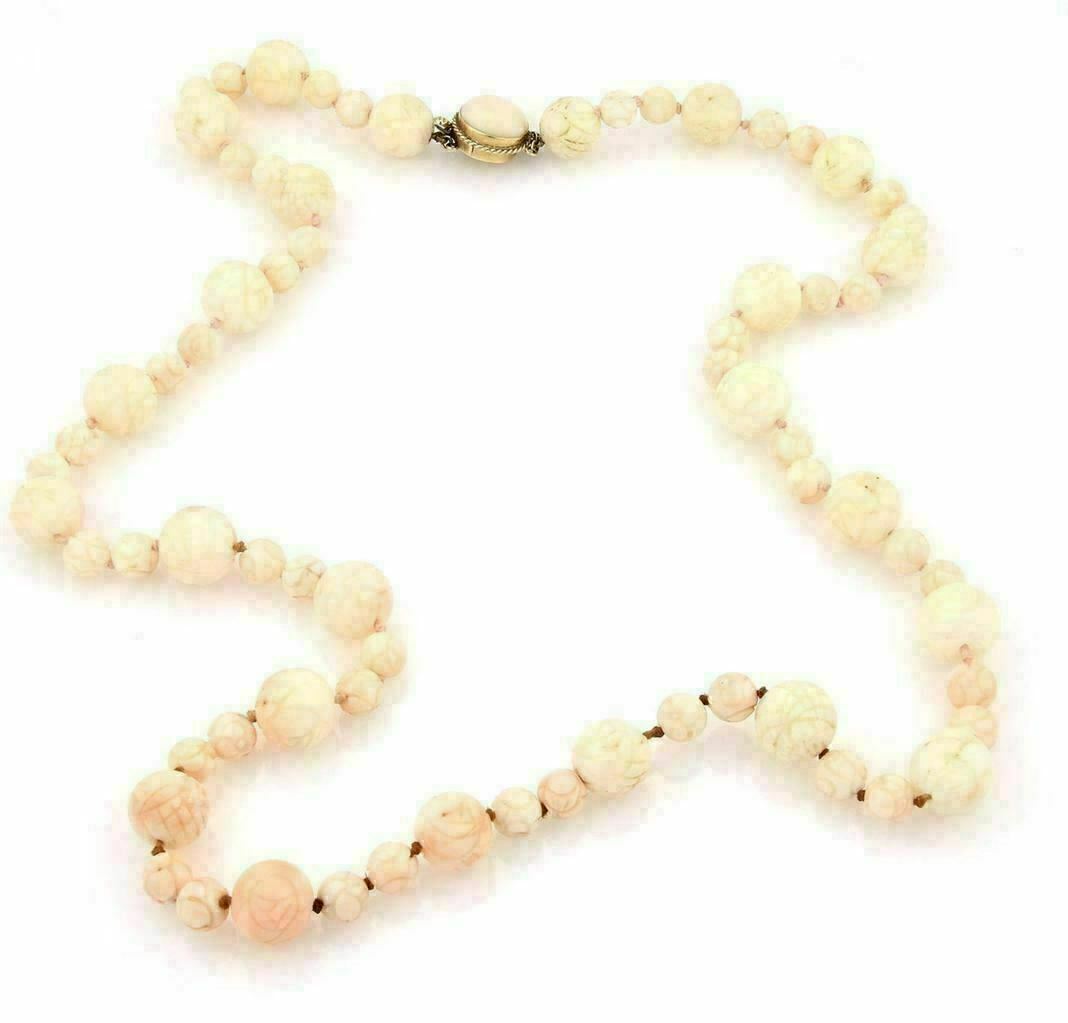 Angel Skin Carved Coral Beaded Long Necklace With 14k Gold Clasp