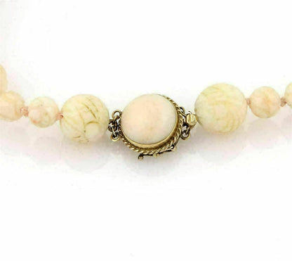 Angel Skin Carved Coral Beaded Long Necklace With 14k Gold Clasp