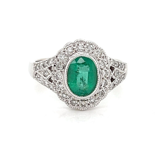 Diamond & Emerald 14k White Gold Oval Cocktail Ring - Size 4